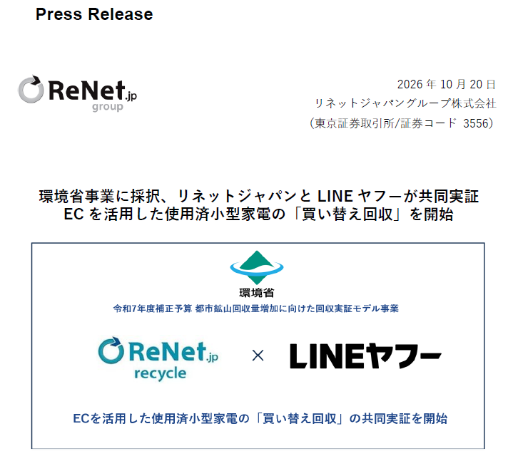 ReNetJapanIR's tweet photo. 【リネットジャパン×LINEヤフー】
当社は使用済小型家電の回収プラットフォーマーとして、ECプラットフォーマーであるLINEヤフー株式会社と共同で、2026 年10 月19 日から、Yahoo!ショッピングにおいて「買い替え回収」の実証を開始しました。
本実証は、当社が2026 年6 月に採択を公表した、環境省「令和7 年度補正予算 都市鉱山回収量増加に向けた回収実証モデル事業」の一環です。

昨日公表のJX 金属サーキュラーソリューションズ株式会社および佐川急便を中核事業会社とするSG ホールディングス株式会社との資本業務提携をはじめ、使用済製品の回収から再資源化につなぐ事業基盤の強化を進めています。今回の共同実証を通じて、資源循環への参加機会の拡大を、当社の中長期的な事業成長につなげてまいります。

詳しくは当社IR最新情報をご覧ください。
https://t.co/TWH97UBb5d