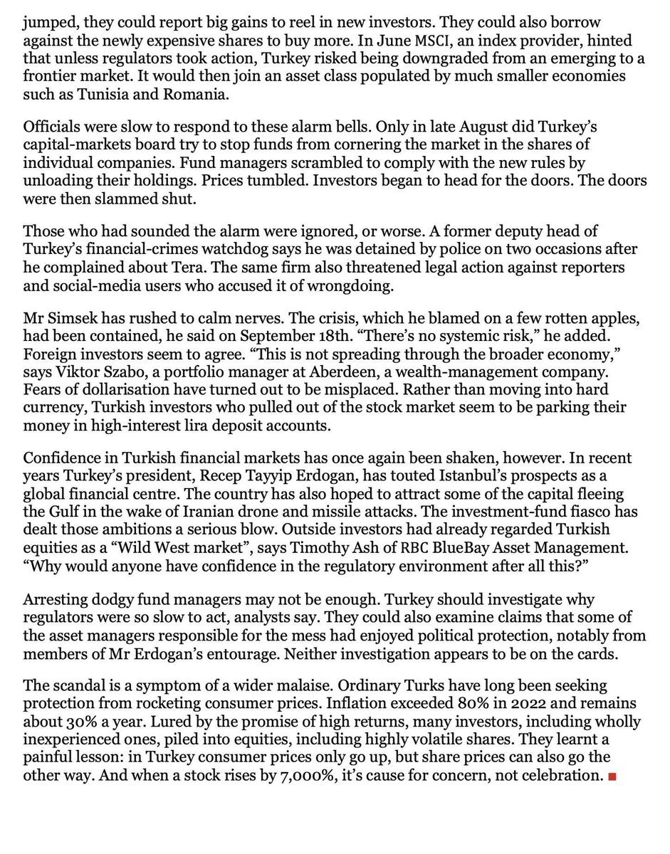 tahtanotlari's tweet photo. 🚨 THE ECONOMIST'TEN TÜRKİYE'DEKİ FON KRİZİNE AĞIR ELEŞTİRİ!

The Economist, Türkiye'nin yatırım fonu krizini mercek altına aldı.

Dergi, denetleyici kurumların geç harekete geçtiğini belirterek Türkiye'nin gelişmekte olan piyasa statüsünü kaybetme riskiyle karşı karşıya kalabileceğine dikkat çekti.

Yazıda 131 fonun tasfiyesi ve yüz binlerce yatırımcının yaşadığı belirsizlik ele alınıyor.

En çarpıcı soru ise 

“Bütün bunlardan sonra düzenleyici ortama kim neden güvensin?”

Yatırımcıların aylardır sorduğu sorular artık uluslararası basında da gündem oluyor.

Kaynak: The Economist