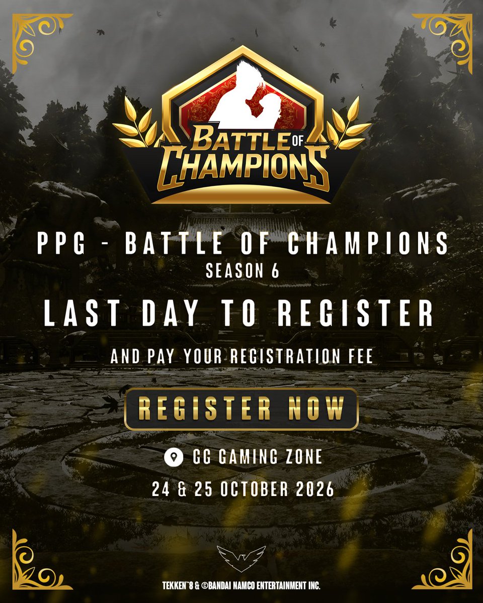 ppg_pk's tweet photo. FINAL CALL!

Today is the LAST DAY to register and complete your payment for PPG - Battle of Champions: Season 6!

Registrations will officially close on 20 October at 11:59 PM. Make sure to complete your payment before the deadline to secure your spot.

Link: https://t.co/ZCsdEz7SG5

IMPORTANT: No registration or fee payment will be accepted at the venue. Failure to complete payment before the deadline will result in disqualification.

BRACKETS GO LIVE: 22 October at 8:00 PM.

Don't miss your chance to compete for the title, cash prizes, and exciting giveaways!

See you all at the event!