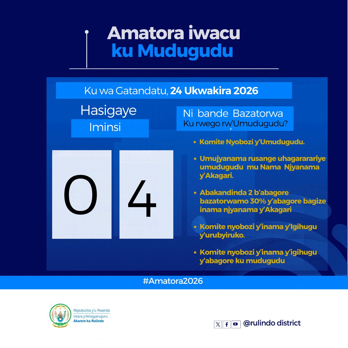 rulindodistrict's tweet photo. Abadahigwa ba Rulindo, harabura iminsi 4 yonyine ngo dutore ku rwego rw'Umudugudu. Kwitabira aya matora ni inshingano za buri Munyarwanda,ntihazagire ubura #Amatora2026 https://t.co/gj61powqT9