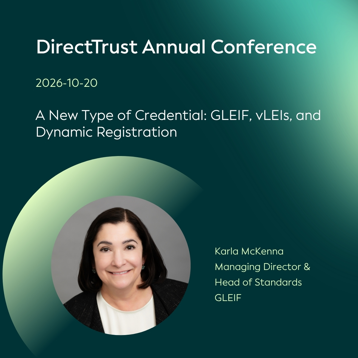 GLEIF's tweet photo. How can verifiable organizational identity support safer healthcare data exchanges?

Join GLEIF’s Karla McKenna today at @DirectTrustorg’s Annual Conference for a workshop on issuing #vLEI credentials and using them in healthcare. 

⏰ 3:45–5:00 PM CDT
🎤 Track 2 | General Session Room
📍 Oracle Innovations Campus, Kansas City

Learn more: https://t.co/zgEzTH78E1