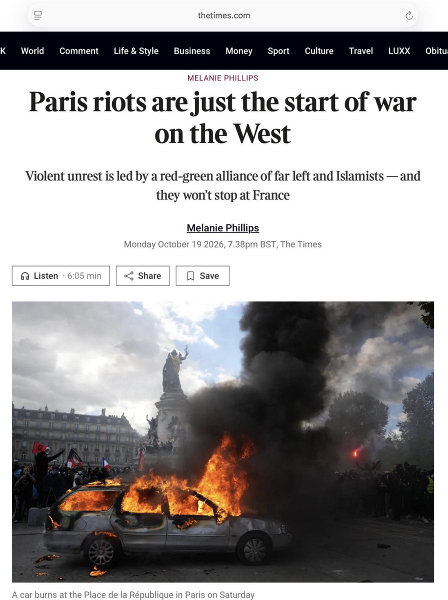 pbyrokraatti's tweet photo. The Times: ”Pariisin mellakat ovat vasta alkua sodalle länttä vastaan”

”Väkivaltaisia levottomuuksia johtaa äärivasemmiston ja islamistien punavihreä liittouma – eivätkä ne jää vain Ranskaan.”

https://t.co/8KE1fkhjno https://t.co/AF4sIx8h01