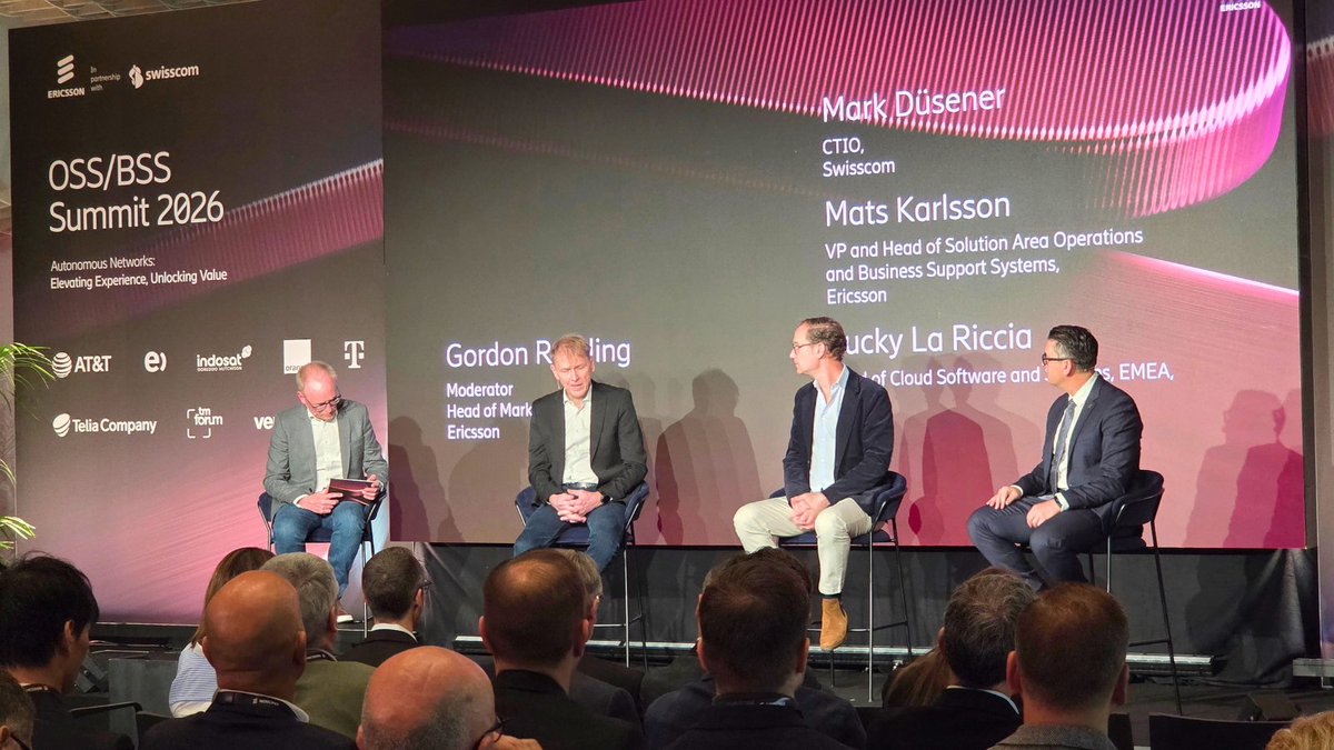 ericsson's tweet photo. Together with Mark Düsener from @Swisscom our own Mats Karlsson and Lucky La Riccia set the tone for the next next two days in Zurich. 

A great opening session with a strong agenda to follow 💪 #OSSBSSSummit2026 

#NoNonsenseOSSBSS  #AutonomousNetworks https://t.co/yBpzTrXCrJ