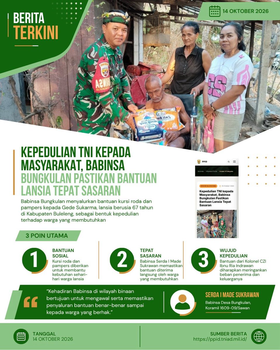 ErinaAlina's tweet photo. Kemajuan suatu bangsa diukur bukan dari kemajuan kotanya, tapi dari perhatian khusus bagi yang di garis terdepan dan terpencil. TNI hadir di tempat-tempat itu, mengabdi secara tulus serta tanpa pamrih.
Bantu Penuhi Kebutuhan https://t.co/SKlPDx4rlt