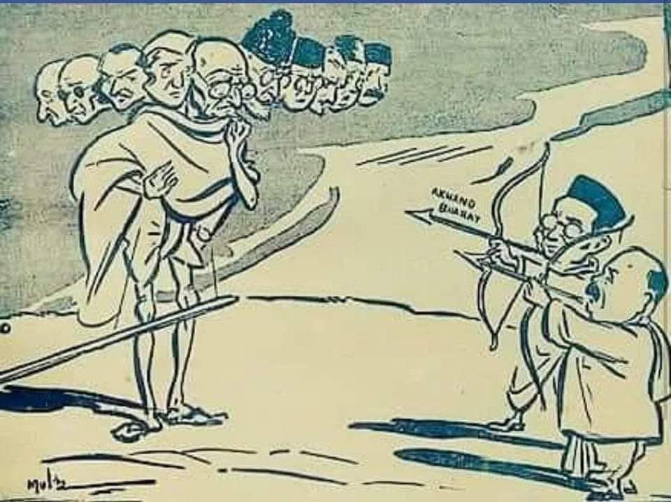 Control_Krishna's tweet photo. This cartoon tells you everything about the ideological hypocrisy of the BJP-RSS. 🔥

A cartoon from Agrani Magazine, portrays Mahatma Gandhi as Ravan, with Nehru, Patel, Maulana Azad, Netaji Bose and Rajaji among his heads.

And who are the two men shown aiming arrows at them?

Savarkar and Syama Prasad Mookerjee.

Who ran Agrani? Nathuram Godse and Narayan Apte, Gandhi’s assassins.

Who gave them ₹15,000 to run it? Vinayak Savarkar.

Fast forward to today.

Modi & Co. are spending crores on PR to portray themselves as the greatest admirers of Gandhi, Patel and Bose. 😂

You can manufacture a new image with propaganda. But you cannot manufacture a new history.
