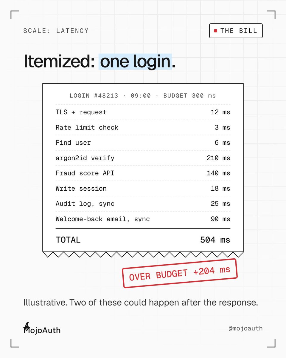 MojoAuth's tweet photo. One login, itemized: 504 ms against a 300 ms budget.

Two lines on this receipt could happen after the response. Which two?

#performance #backend https://t.co/KrFSKyQtqi