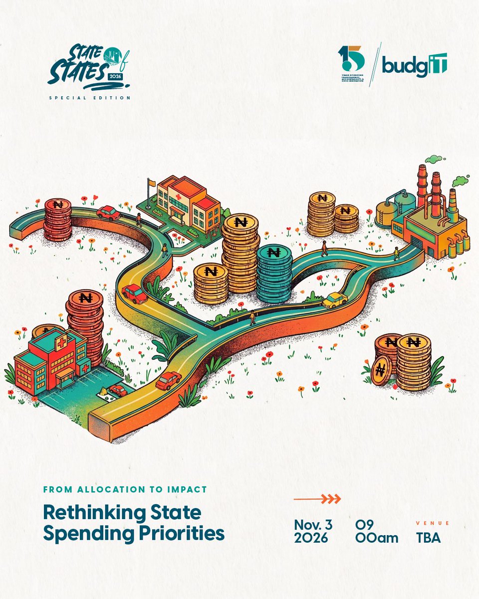 BudgITng's tweet photo. Eleven years ago, BudgIT set out to examine the financial health of Nigeria’s states and what their fiscal realities meant for development.

That question gave rise to the State of States Report, which has shaped national conversations on state finances, revenue generation and fiscal sustainability, keeping public resource management in focus.

Over the years, the report has examined how states generate revenue, their dependence on federal allocations and their capacity to meet financial obligations. For the 2026 edition, we are taking a closer look at how states spend the resources available to them, the sectors they prioritise and how these decisions align with the development needs of their citizens.

𝐓𝐡𝐞𝐦𝐞: 𝐅𝐫𝐨𝐦 𝐀𝐥𝐥𝐨𝐜𝐚𝐭𝐢𝐨𝐧 𝐭𝐨 𝐈𝐦𝐩𝐚𝐜𝐭: 𝐑𝐞𝐭𝐡𝐢𝐧𝐤𝐢𝐧𝐠 𝐒𝐭𝐚𝐭𝐞 𝐒𝐩𝐞𝐧𝐝𝐢𝐧𝐠 𝐏𝐫𝐢𝐨𝐫𝐢𝐭𝐢𝐞𝐬.

What will this year’s report reveal about where states are directing their resources and the needs they are prioritising?

The 2026 State of States Report launches on November 3, bringing these questions into sharper focus.

📅 November 3, 2026 ⏰ 9:00 AM

#StateofStates2026 #GetInvolved #AskQuestions #FollowTheMoney