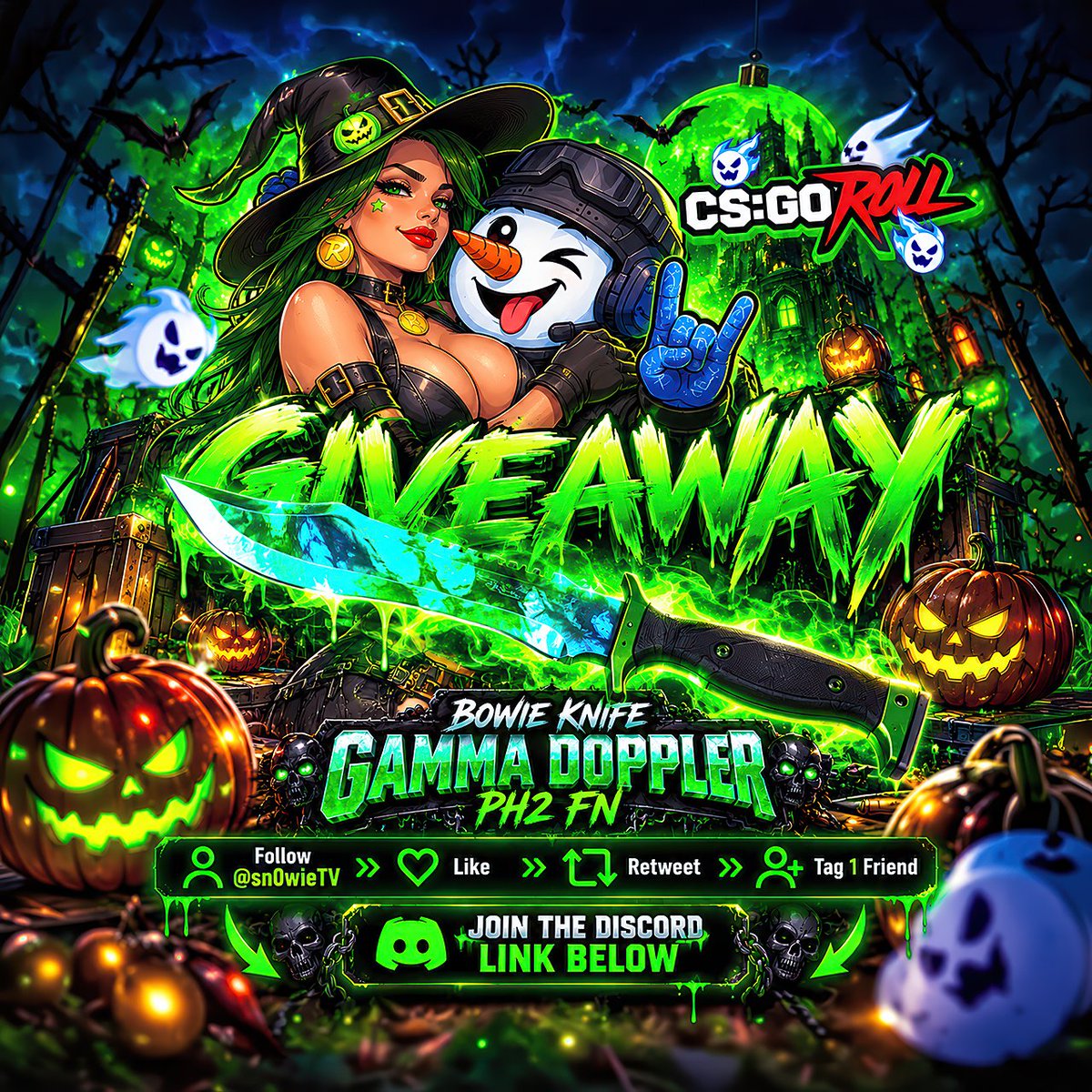 sn0wieTV's tweet photo. 🎃BOWIE KNIFE | GAMMA DOPPLER ($200)🎃
Celebrating @CSGORoll's ongoing 400,000 Coins Halloween event, we're giving away this beauty. 
Event will be active until the end of October 31st.
✅Follow @sn0wieTV 
✅Like + RT + Tag 1 Friend
✅Join the discord - link below 👇
📅Winner will be drawn 1st of November