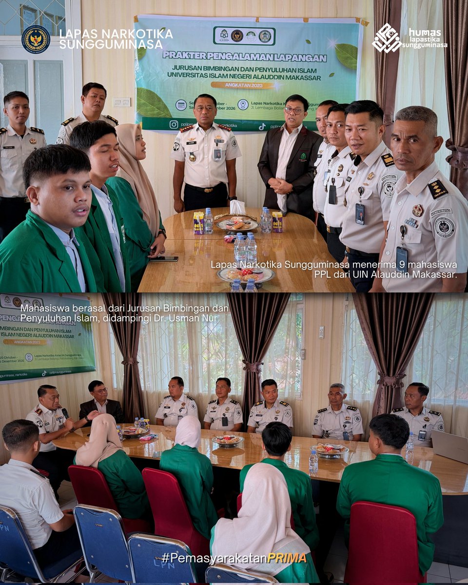 lpnsungguminasa's tweet photo. Lapas Narkotika Kelas IIA Sungguminasa menerima sembilan mahasiswa Praktik Pengalaman Lapangan (PPL) dari Universitas Islam Negeri (UIN) Alauddin Makassar, Selasa (20/10). 

#kemenimipas
#guardandguide
#ditjenpas
#pemasyarakatan
#pemasyarakatansulsel https://t.co/OxKYph5Fin
