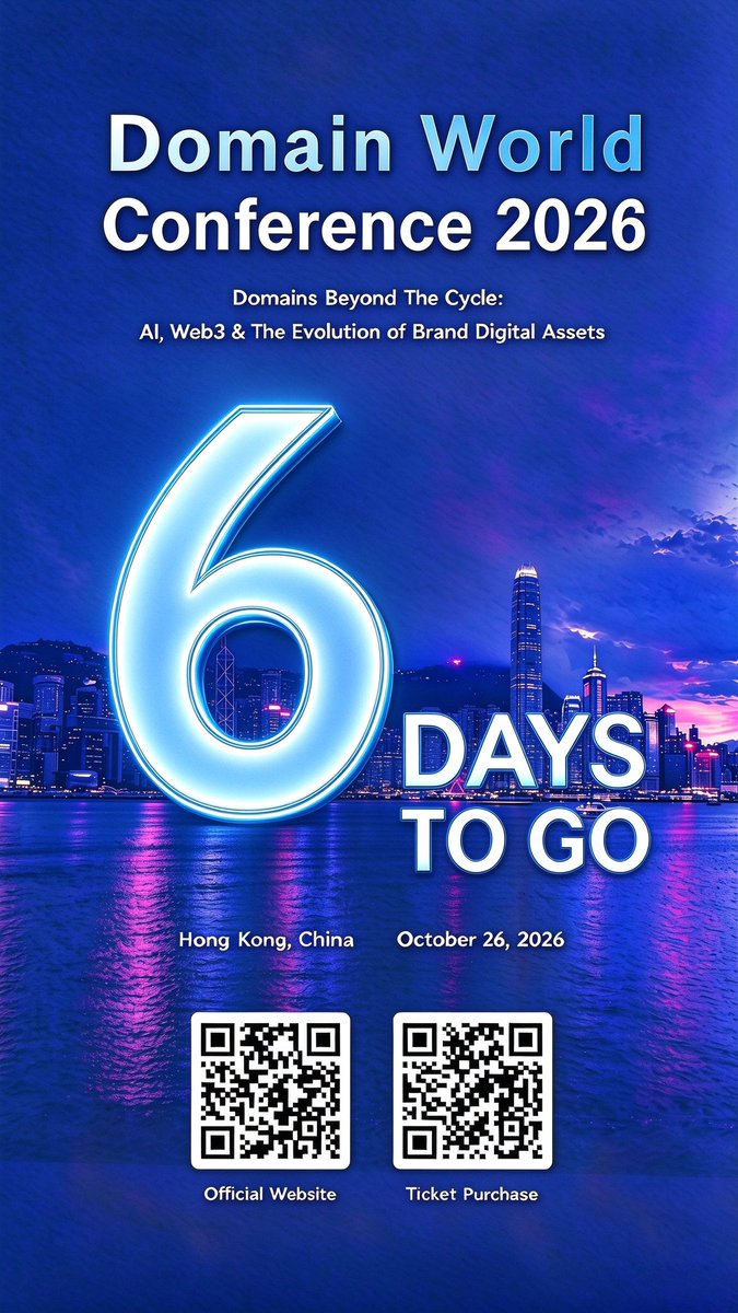 DomainWorldCon's tweet photo. ⏳ 6 Days to Go! Domain World Conference 2026 (Hong Kong) is around the corner. 
Connect face-to-face with worldwide domain industry peers and seize opportunities in the new domain cycle!
Official Website: https://t.co/BWkH14tnfG 
Register Now: https://t.co/LcnDmqeLDI
 #DomainWorldConference #DomainNames #DigitalAssets #DomainInvesting