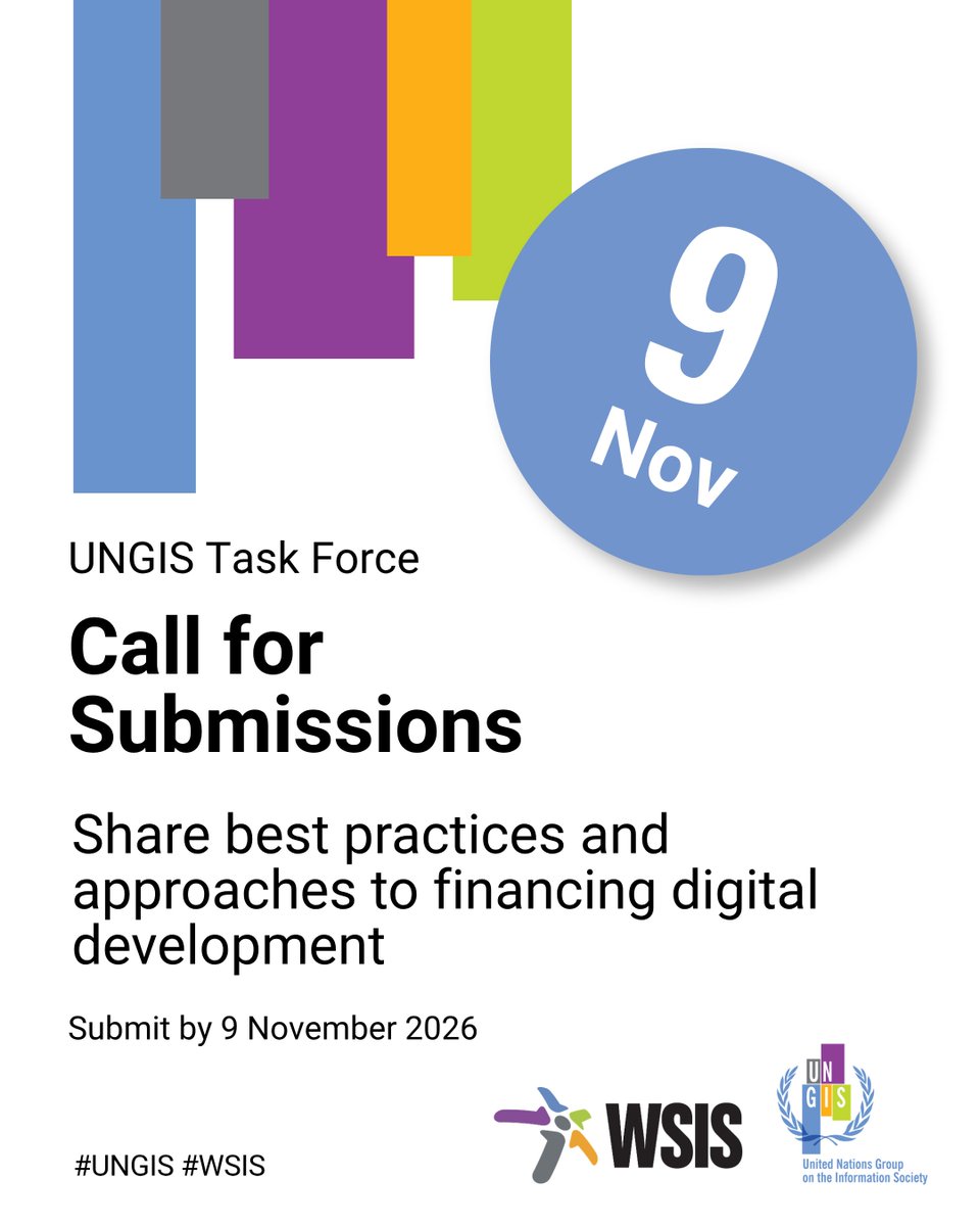 WSISprocess's tweet photo. Which financing models are driving digital development?

#UNGIS Task Force on Strengthening Financial Mechanisms for Digital Development calling all stakeholders to share #bestpractices to inform its assessment & recommendations

📅 Submit by 9 November 2026 👉 https://t.co/xsSz0DkxBh

#WSIS