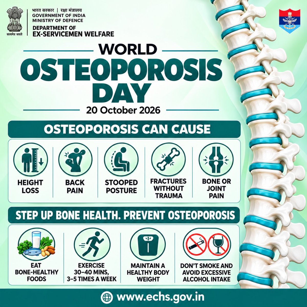 CentralOrg_ECHS's tweet photo. World Osteoporosis Day | 20 October 2026
Strong Bones, Steady Steps, Safer Living!
ECHS urges veterans and their dependents to prioritise bone health by following posted advisory.
Protect your bones. Prevent falls. Preserve independence.

@rajnathsingh
@SethSanjayMP
@DefenceMinIndia
@MoHFW_INDIA
@HQ_IDS_India
@SpokespersonMoD
@adgpi
@indiannavy
@IAF_MCC
@PIB_India
@KSBSectt
@dgrIndia