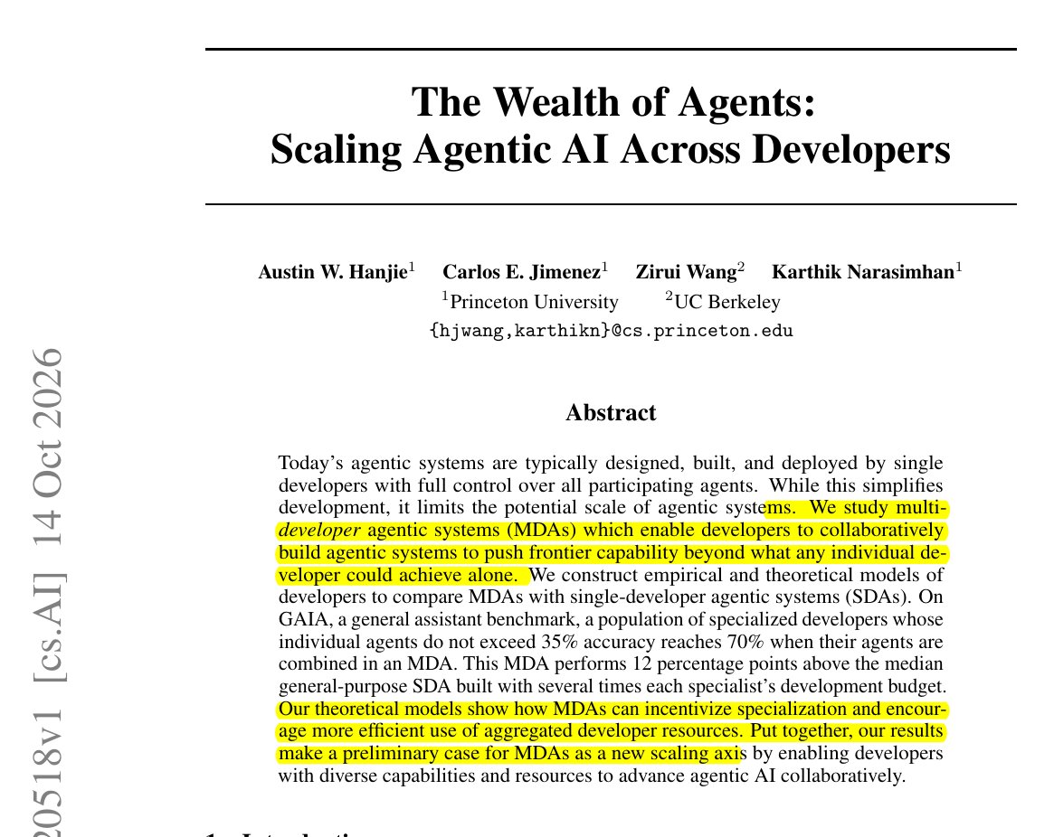 rohanpaul_ai's tweet photo. New Princeton paper finds that combining specialized agents from many developers can beat any single developer's general agent, with GAIA accuracy reaching 70%.

Today most agentic systems are built and controlled by 1 developer, so each team rebuilds the same basic skills. The authors argue this limits scale.

They simulated populations of developers with LLM agents that build agents under a fixed budget, then compared lone systems with a multi-developer system. The multi-developer system splits each task and routes the parts to different developers' agents.

On GAIA with the same total development budget, specialists that each scored at most 35% alone reached 70% together. That is 12 points above the median general agent, while on web-search-only SealQA the combined system did worse at higher cost.

Build agents to fill gaps in shared systems, since an agent scoring 19% alone lifted a combined system from 40% to 53%.
