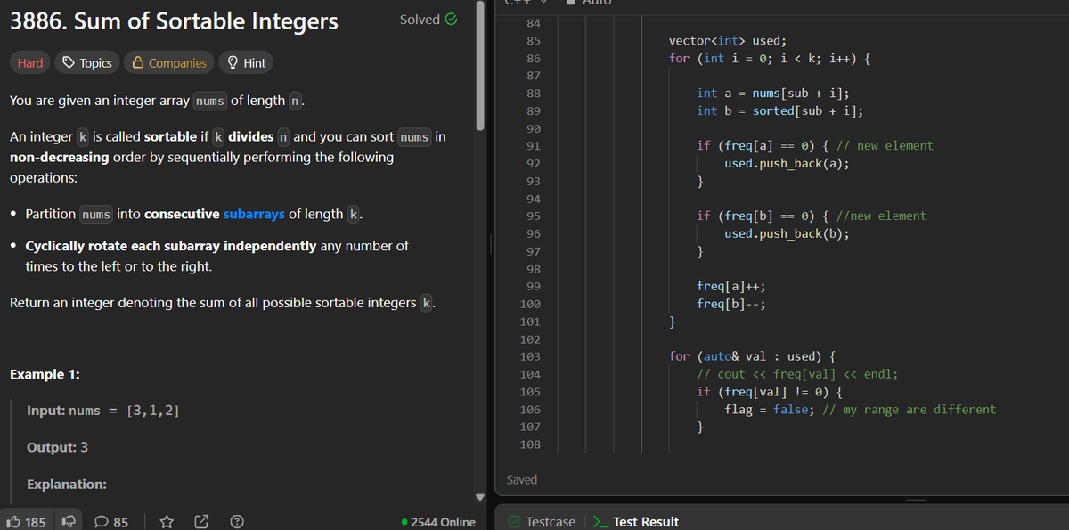 Jatin_lifo82's tweet photo. 🌟Day 633
📷.  Solve @geeksforgeeks ||  @LeetCode
POTD Cpp📷. 
Question LC.   3886. Sum of Sortable Integers Hard
Question GFG. Largest with Same Parity Adjacent Swaps  Medium.   
#leetcode #DSA #POTD @LeetCode
@geeksforgeeks #CPP26 #CodingChallenge https://t.co/NxA1xR6BIS