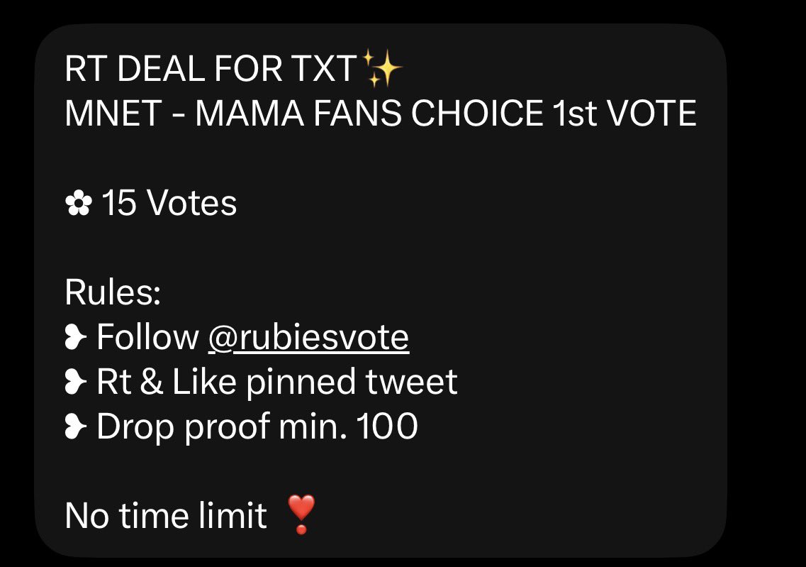 divaxdiaries's tweet photo. RT DEAL FOR TXT✨
MNET - MAMA FANS CHOICE 1st VOTE

✿ 15 Votes

Rules: 
❥ Follow @rubiesvote 
❥ Rt &amp; Like pinned tweet 
❥ Drop proof min. 100

No time limit ❣ https://t.co/m94ldJ6pHz
