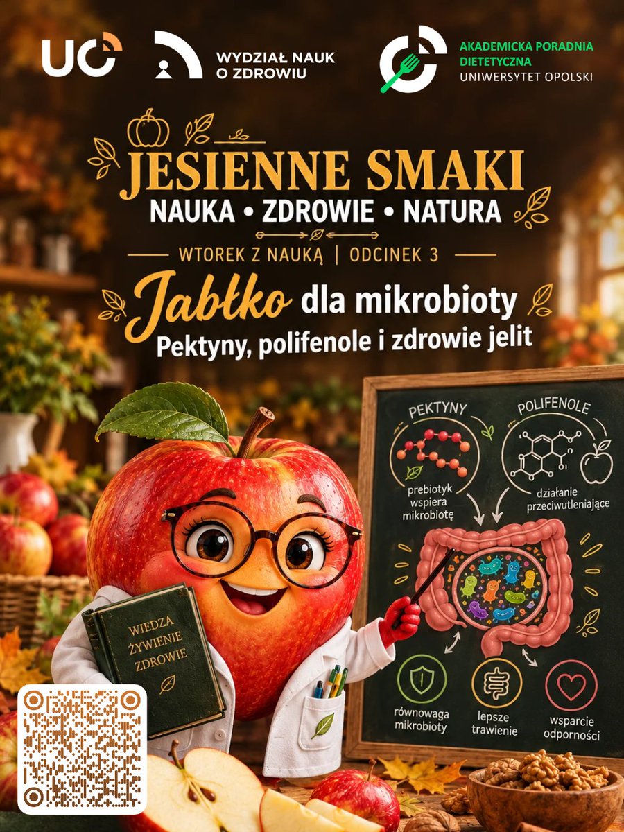 wnoz_uo's tweet photo. 🍎 Czy jabłka wspierają mikrobiotę jelitową? 🦠 Pektyny, polifenole i nauka o zdrowiu jelit w 3. odcinku cyklu „Jesienne smaki - nauka, zdrowie, natura” 🔬🍂
🥣 W środku także 2 jesienne przepisy!
📖 https://t.co/TznormEXDL
#UniOpole #JabłkoPodLupą https://t.co/gvPjfhTSaN