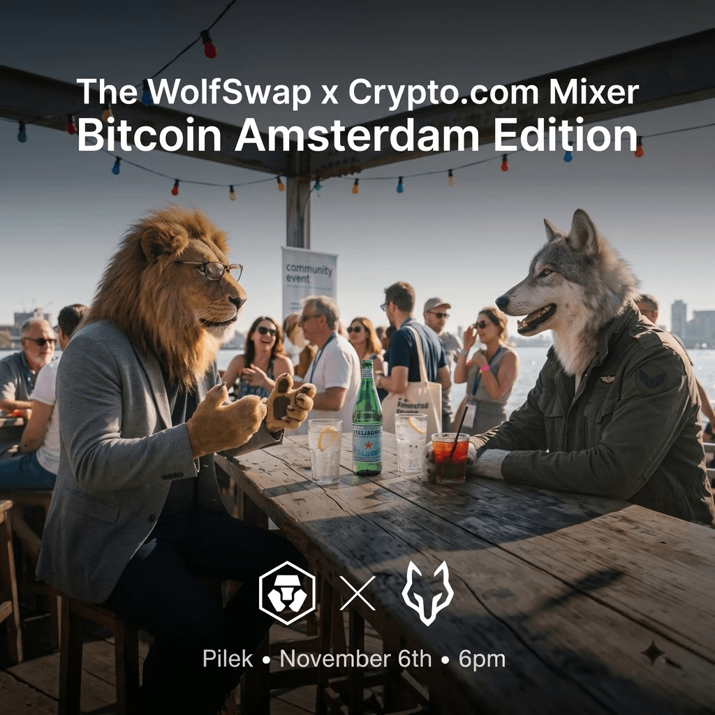 wolfswapdotapp's tweet photo. WolfSWAP x https://t.co/BYai5AJHRl Mixer: Bitcoin Amsterdam Edition! 🇳🇱

We teamed up with @cryptocom for event where you can meet the team &amp; community, with LIVE trading showdown hosted by @CoinBaron

🗓️ Pilek, Amsterdam, Nov 6th

Secure spot: https://t.co/whPNhWUBRb 🐺 https://t.co/UzWBDoYK3s