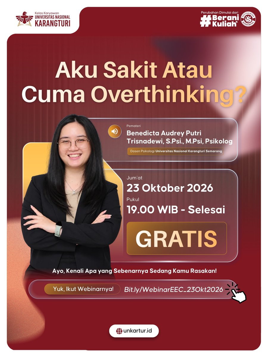 EExpertClass's tweet photo. 🧠 WEBINAR: Aku Sakit atau Cuma Overthinking?

Kenali overthinking &amp; cara mengatasinya bersama Benedicta Audrey Putri TrisnadewiS.Psi., M.Psi., Psikolog.

🗓️ 23 Okt | 19.00 WIB | Zoom | Gratis + E-Sertifikat
🔗 Daftar: https://t.co/dfq9WTiKIm

#ExpertClass #KesehatanMental https://t.co/y8qYitCqX0