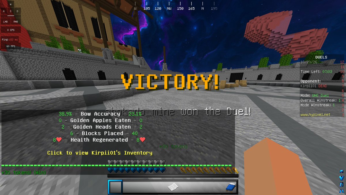 abokado_game's tweet photo. #マイクラPVP #minecraftPVP #hypixel 
本日の戦績
UHCデュエル：2勝

めちゃくちゃ久しぶりにマイクラやりました。マジで勝てない。あと、半シフトできなくなってて焦りました。継続って大事。 https://t.co/Ed9lh5AHwl
