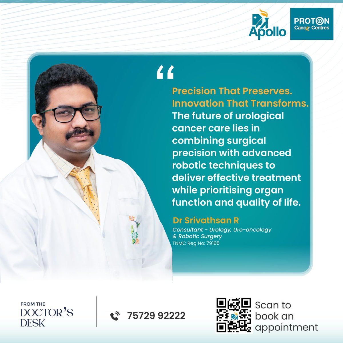 ApolloProton's tweet photo. Dr. Srivathsan R, Consultant - Urology, Uro-oncology &amp; Robotic Surgery, shares how advanced robotic surgery in urological cancer care helps deliver effective treatment while prioritizing what matters most - function and quality of life.

#ApolloProton #DoctorSpeak https://t.co/FluPOm7Ve1