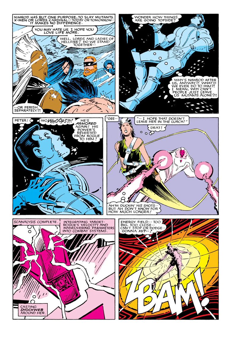 xstormwarning's tweet photo. Without her powers, Storm unites The X-Men with The Hellfire Club and enacts a plan on the fly to defeat Nimrod in Central Park. 

Uncanny X-Men #209 https://t.co/ruM52lQNfa