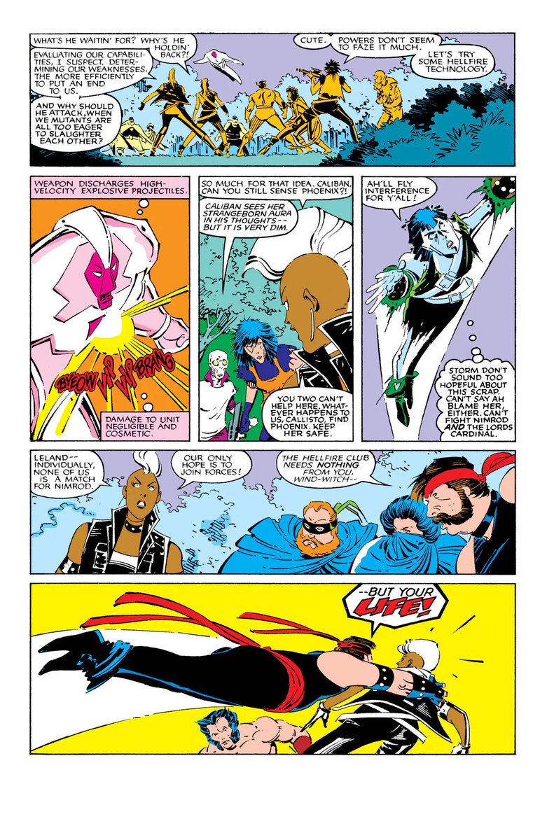 xstormwarning's tweet photo. Without her powers, Storm unites The X-Men with The Hellfire Club and enacts a plan on the fly to defeat Nimrod in Central Park. 

Uncanny X-Men #209 https://t.co/ruM52lQNfa