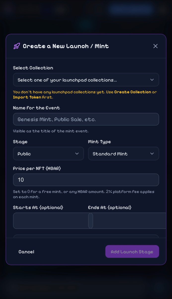 DreamBayio's tweet photo. Your NFT collection. Your launch. Your rules. 🌊

With DreamBay’s Launch / Mint setup, creators can configure how their NFT mint event works.

- Choose your mint stage, including public sales.
- Set the price per NFT in HBAR, even 0 HBAR for a free mint.
- Choose the mint type.
- Set optional start and end times for your event.

Standard Mint has a 2%+ platform fee per mint, while Free Claim has no platform fee; both are subject to Hedera’s network mint cost of approximately 0.05 HBAR per NFT. 🌙🐳

Whether you’re planning a free mint or a paid release, you can shape the launch around your collection and community. 

If you were launching an NFT collection, would you choose a free mint or a paid mint? 👀