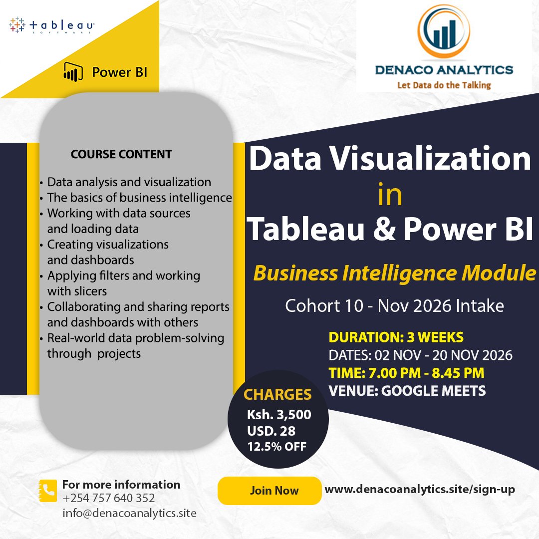 DenacoAnalytics's tweet photo. 📊 Master Tableau &amp; Power BI in 3 weeks! 🚀

📅 Starts Nov 2, 2026

✅ Hands-on projects
✅ Data prep, modeling &amp; dashboards
✅ Expert mentorship
✅ Build a job-ready portfolio

Register: https://t.co/1LeXrbUBSp
Curriculum: https://t.co/LojRDupfj6

#Tableau #PowerBI https://t.co/InTEcfto5z