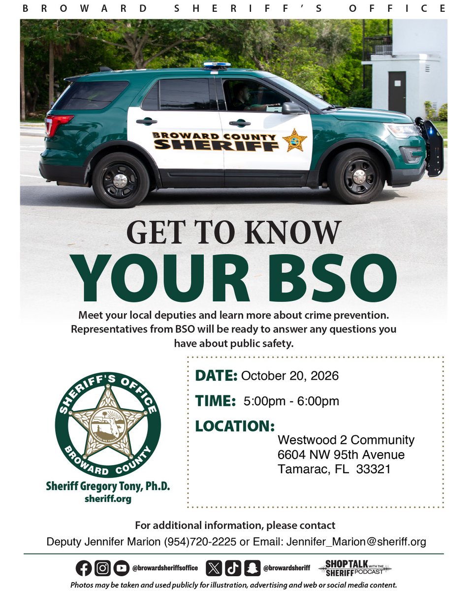 CityofTamarac's tweet photo. TONIGHT!
Have questions about public safety or crime prevention? Stop by and meet your local Broward Sheriff's Office deputies, ask questions, and learn how we can work together to keep our community safe.
🚔Tues, Oct. 20
❤️ 5–6pm
📍 Westwood 2 Community, 6604 NW 95th Ave. https://t.co/otiasyFy3D
