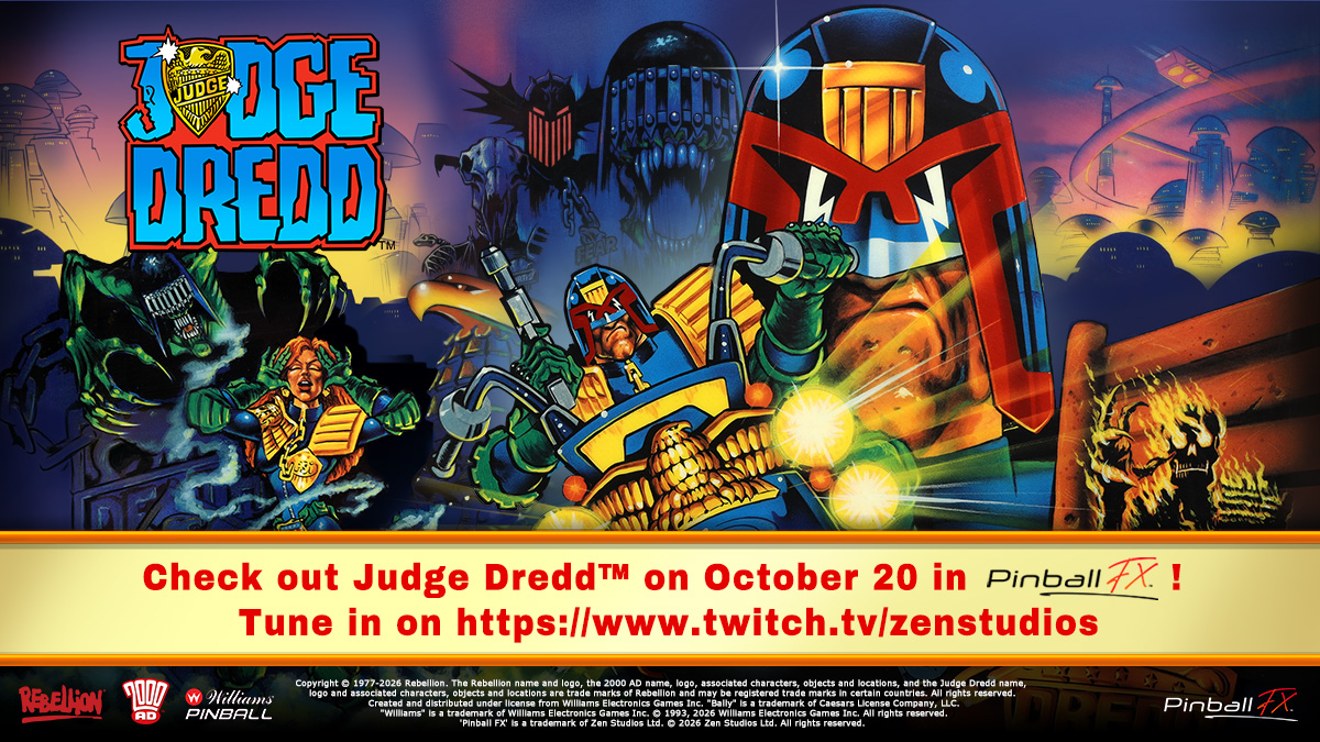 PinballFX's tweet photo. The Judge Dredd™ stream is live!📽️

Tune in as Balti steps into Mega-City One on the Zen Studios Twitch channel!

📺 https://t.co/23HqL3m7Zx https://t.co/wHfxIEfnq1