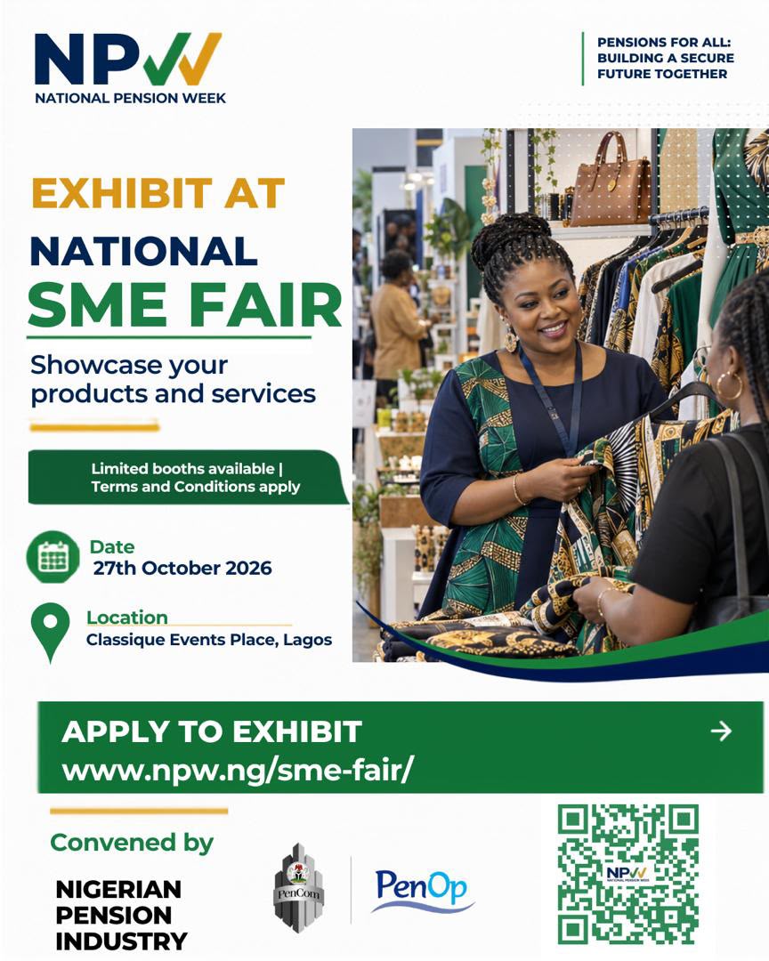 penopnig's tweet photo. The Nigerian Pension Industry is giving away FREE exhibition booths at the upcoming National SME Fair.
@PenComNig
#PenOp #NPW2026 #NationalPensionWeekSMEFair #SMEs #NigerianSMEs #PensionsForAll #Pencom #PensionWeek2026 https://t.co/XE4xmDoM6D
