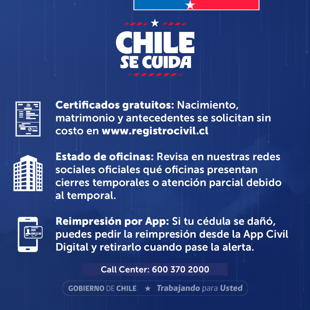 RegCivil_Chile's tweet photo. 🚨 ¡ALERTA CLIMÁTICA! Se pronostican fuertes lluvias desde la Región de Coquimbo hasta el Biobío. La prioridad es el autocuidado: ¡quédate en casa de forma segura! 🌧️🏠

💻 Haz tus trámites en 📲 https://t.co/2jFveHzFiL (¡muchos certificados son gratis!).
🏢 Revisa el estado de nuestras oficinas en canales oficiales por posibles cierres o atención parcial.
📱 Solicita la reimpresión de tu cédula dañada en la App Civil Digital y retírala cuando pase la alerta.
📞 Dudas al Call Center: 600 370 2000

¡Cuidémonos entre todas y todos! 👇