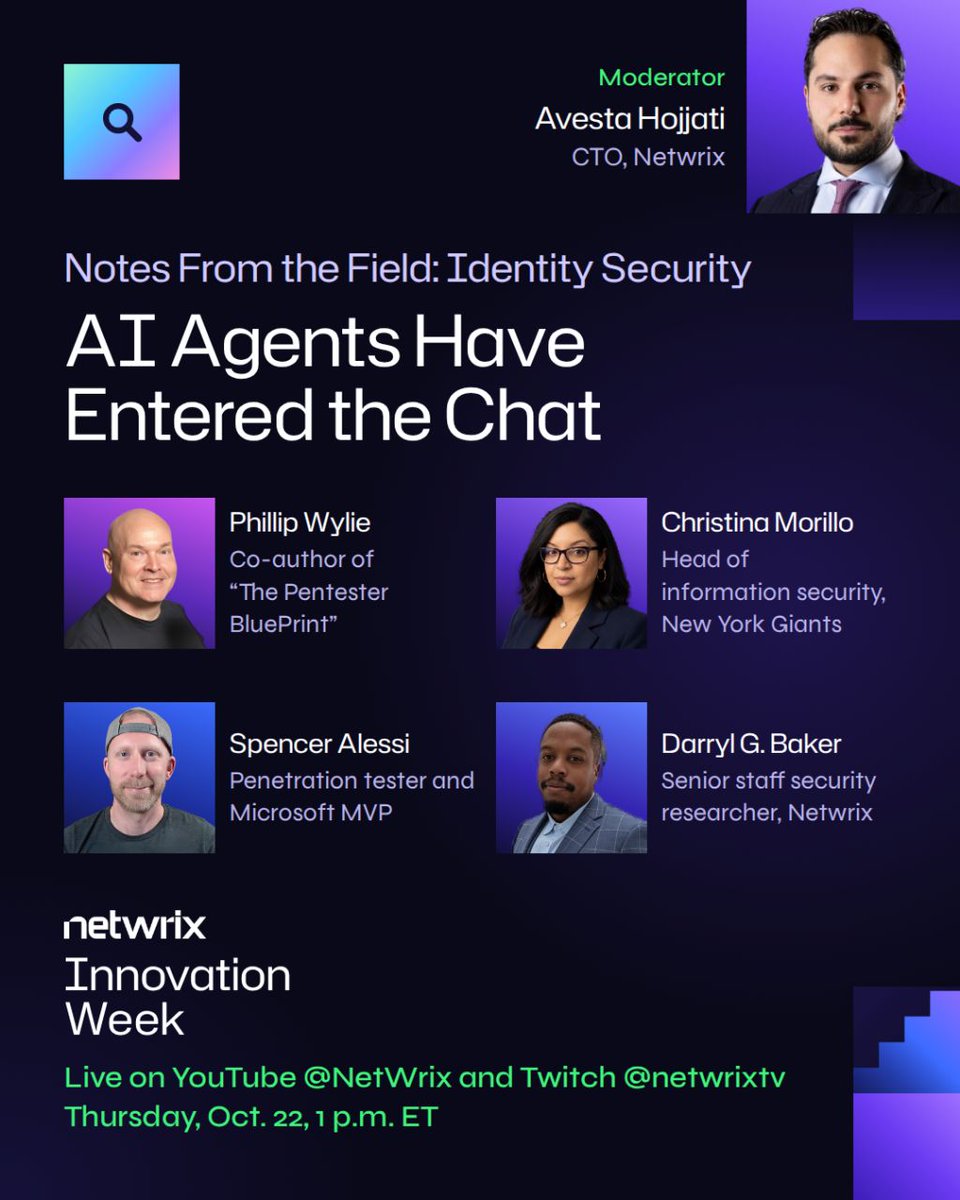 techspence's tweet photo. I got invited to speak alongside these other awesome people for a @Netwrix Innovation Week panel discussion on Identity Security in the age of AI. 

Long live Active Directory! 💪😄

Thursday, Oct. 22, at 1 p.m. ET

Watch live here 👇
YouTube: https://t.co/bV3Kw29Aov
Twitch: https://t.co/YyUYChl1rb