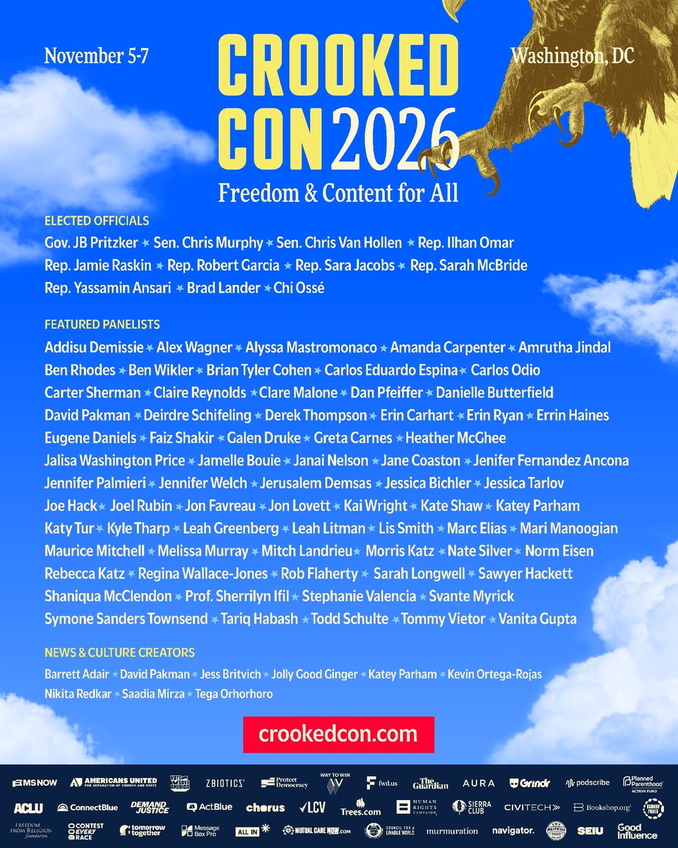 CrookedMedia's tweet photo. THIS JUST IN: Even MORE Crooked Con lineup! Get a load of all these names, all these elected officials, and all these changemakers shaping the future of the Democratic Party in ONE PLACE! Still haven't gotten your tickets? Fix that at https://t.co/zh0YF7oL81 now before they're gone.
