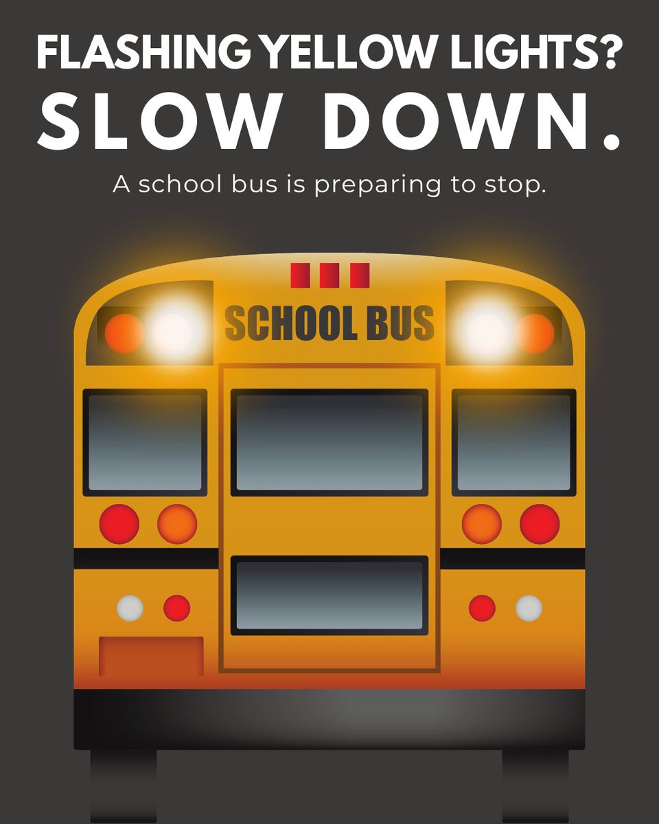 NHTSAgov's tweet photo. Flashing yellow lights mean a school bus is preparing to stop. 🟡

Drivers: Slow down, stay alert and be ready to stop. Kids may be nearby, entering or crossing the road. 🚸

Give them the time and space they need to get to and from school SAFELY. https://t.co/xqk2RuGCJb