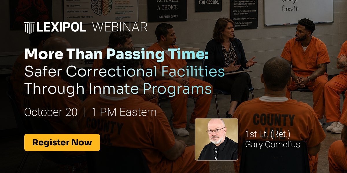 Lexipol's tweet photo. Happening today at 1 pm Eastern. 1st Lt. (Ret.) Gary Cornelius is covering how to make inmate programming purposeful, secure and sustainable inside your facility. There's still time to register! https://t.co/7I0UXtFzeV https://t.co/icqWXVEEUK