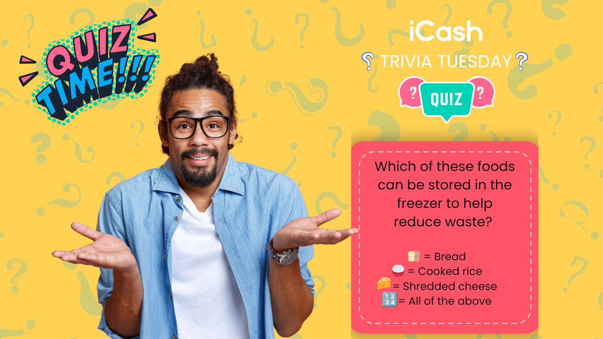 iCASH_ca's tweet photo. ❓TRIVIA TUESDAY❓ 
Test your trivia knowledge in this week's iCash Pop Quiz! 1 randomly chosen winner will win a $25 President's Choice e-gift card.

Question: Which of these foods can be stored in the freezer to help reduce waste?
Comment below with your answer using one of these emojis:
🍞 = Bread
🍚 = Cooked rice
🧀 = Shredded cheese
🔢 = All of the above

#triviatime #triviaquestion #iCanWithiCash #reducewaste #frozenfoods #GroceryCosts #CanadianFinance #SmartSavings #iCash
To participate: In the comments below, answer our #TriviaTuesday Pop Quiz question using the corresponding emojis. 
Tomorrow, we will randomly choose a winner among the participants and announce it on our social media pages!

💬 Drop your guess — we’ll pick one lucky winner for a $25 President’s Choice e-gift card tomorrow (Wednesday)!
(Legal Disclaimers: https://t.co/y0RjsTUKx5)
