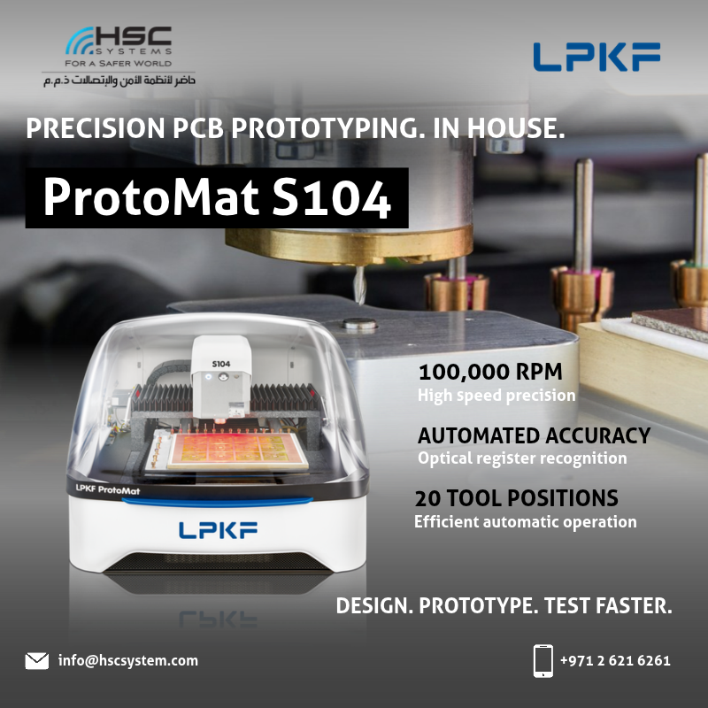 HSCSystem's tweet photo. Prototype faster. Build with precision. LPKF ProtoMat S104 brings professional high speed PCB prototyping in house.

#HSCS 
#forasaferworld #uae #abudhabi #dubai #digitaltransformation
#LPKF #ProtoMatS104 #PCBPrototyping #RF #Microwave 
#ملتزمون_ياوطن
#نتصدر_المشهد https://t.co/435xmfpbUG