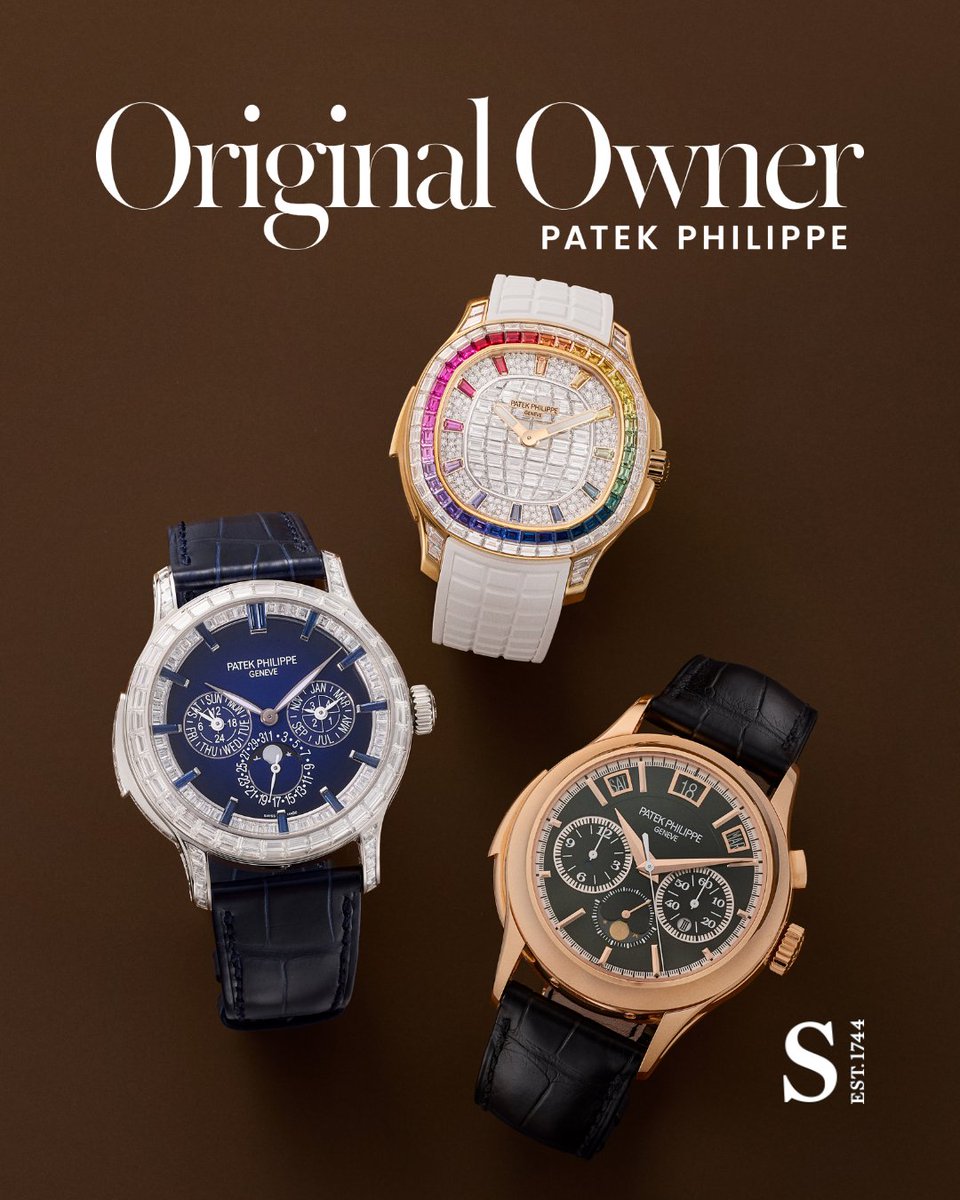 Sothebys's tweet photo. Introducing The Original Owner Collection, a landmark group of thirty Patek Philippe and fresh-to-market Tiffany & Co.-retailed timepieces, nearly all of which were retained by its original owner since purchase. 

Register to bid now >> https://t.co/2zkvwVUn8W

Led by two Patek Philippe timepieces making their auction debuts, the Reference 5374/300P Grand Complication Minute Repeater Perpetual Calendar and the Reference 5260/355R Aquanaut Luce Rainbow Minute Repeater, the one-of-a-kind collection unites an unprecedented rarity with impeccable provenance and officially goes under the hammer this December at #SothebysNewYork.

Further highlights include Tiffany & Co.-retailed references that are either making their first appearance on the public market or, in the case of Tiffany-signed pieces, appearing at auction for the first time.
 
Photography: Will Styer
Set Stylist: Wendy Schelah