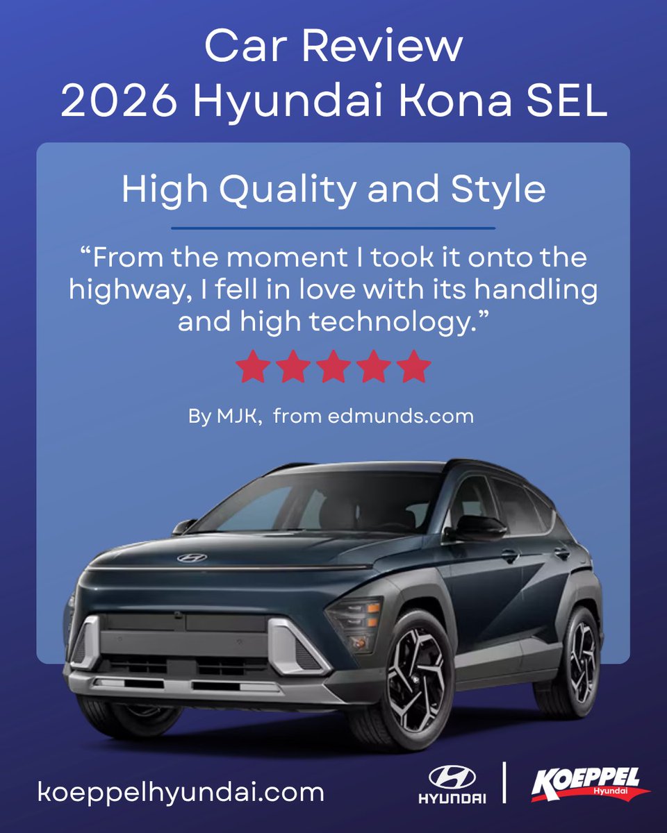 HyundaiKoeppel's tweet photo. Designed to impress, built to last — The 2026 Hyundai Kona SEL. Explore more and find your dream car today at https://t.co/aiHjRQFiwQ.
#KoeppelHyundai #Hyundai #Hyundai2026 #HyundaiModels #HyundaiKona #5Stars #Review #CarDealership #NYC #NYCDealership https://t.co/9SnkqPM6ZW