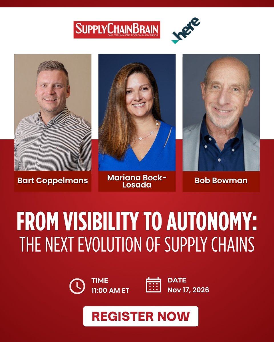 SCBrain's tweet photo. Register Now: https://t.co/Z5bHvmv26v 
Supply chain visibility has come a long way, but knowing where a shipment is doesn't always help you decide what to do next. In this webinar, we'll explore how AI can turn visibility into more proactive operations. #here #supplychainbrain https://t.co/cl4vaUOQvf