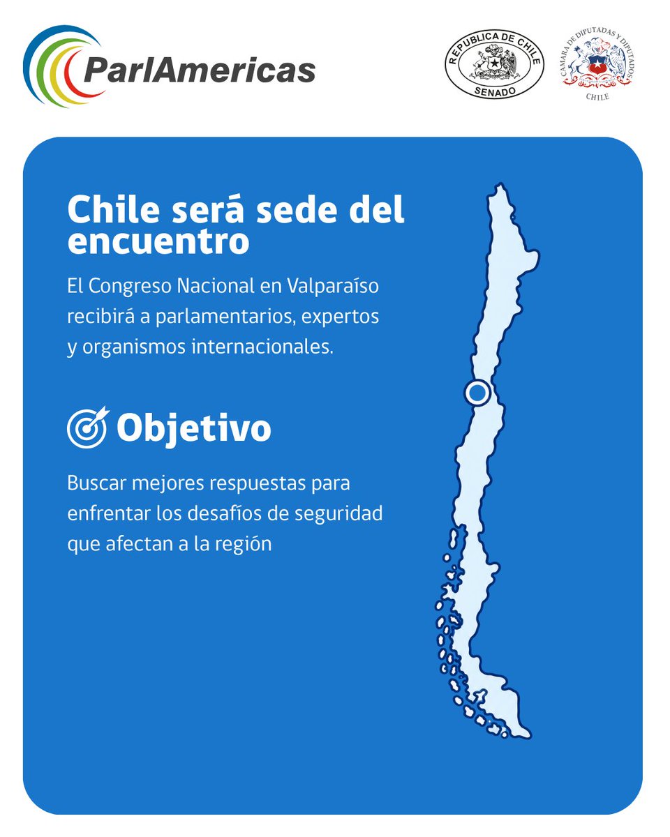 Senado_Chile's tweet photo. 🌎🇨🇱  Segundo Encuentro de la Red Parlamentaria de Seguridad de ParlAmericas.

Durante tres jornadas, parlamentarios, especialistas y representantes de organismos internacionales debatirán sobre los desafíos que plantea el crimen organizado, la violencia y la seguridad pública en las Américas y el Caribe.

✍️ Toma nota sobre en qué consiste este encuentro👉

Narcotráfico, trata de personas, cibercrimen, protección de víctimas, cooperación internacional e inteligencia artificial serán algunos de los temas centrales de la reunión.
@ParlAmericas  @Camara_cl @IDEA_INT_LAC
#ParlAmericas #SeguridadPública #Valparaíso