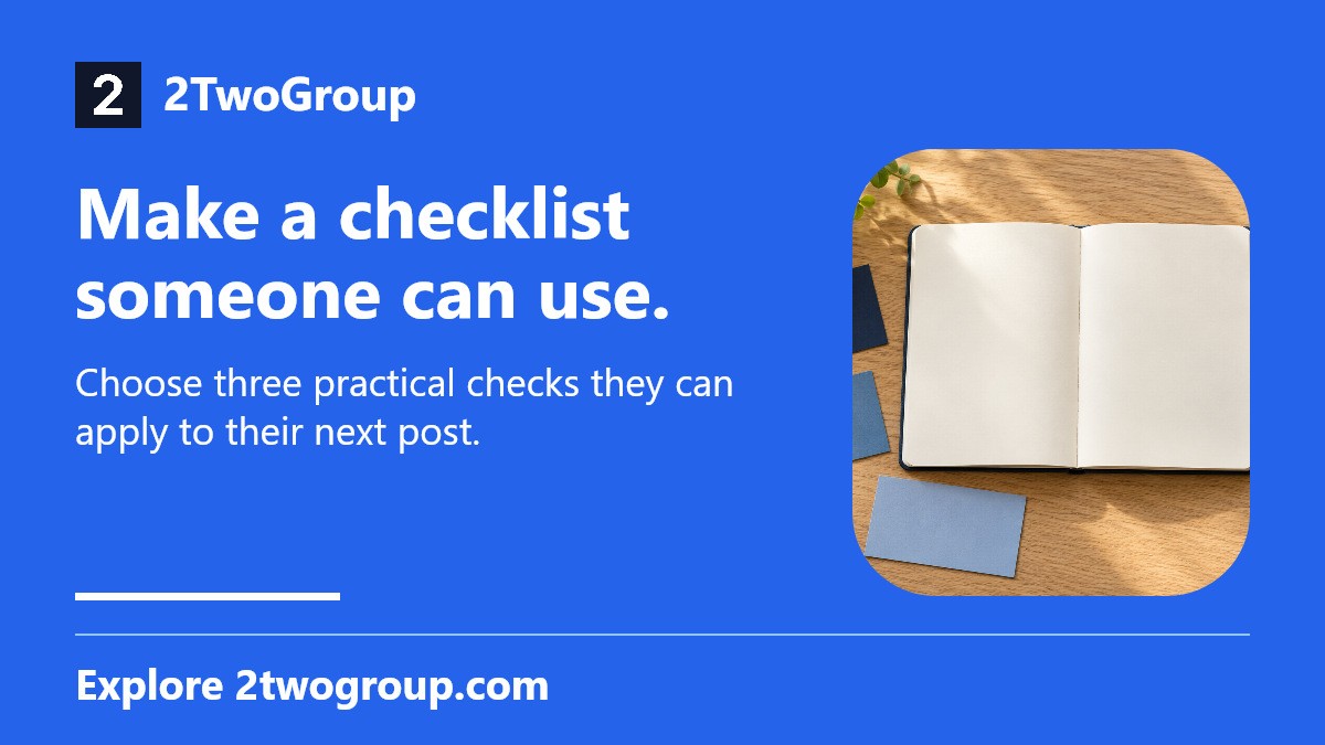 2TwoGroup's tweet photo. Make a checklist someone can use. Choose three practical checks they can apply to their next post. Explore https://t.co/OSo0OsH2U1 AI imagery. #SocialMediaTips https://t.co/TfAL9qC8mZ