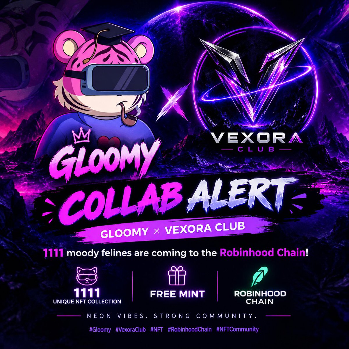 VexoraClub's tweet photo. 🐱 @Thegloomycats + @VexoraClub 💜 1111 Moody Felines | Free Mint 🎁 Coming soon to Robinhood Chain 🚀 https://t.co/RrYIq89ai4