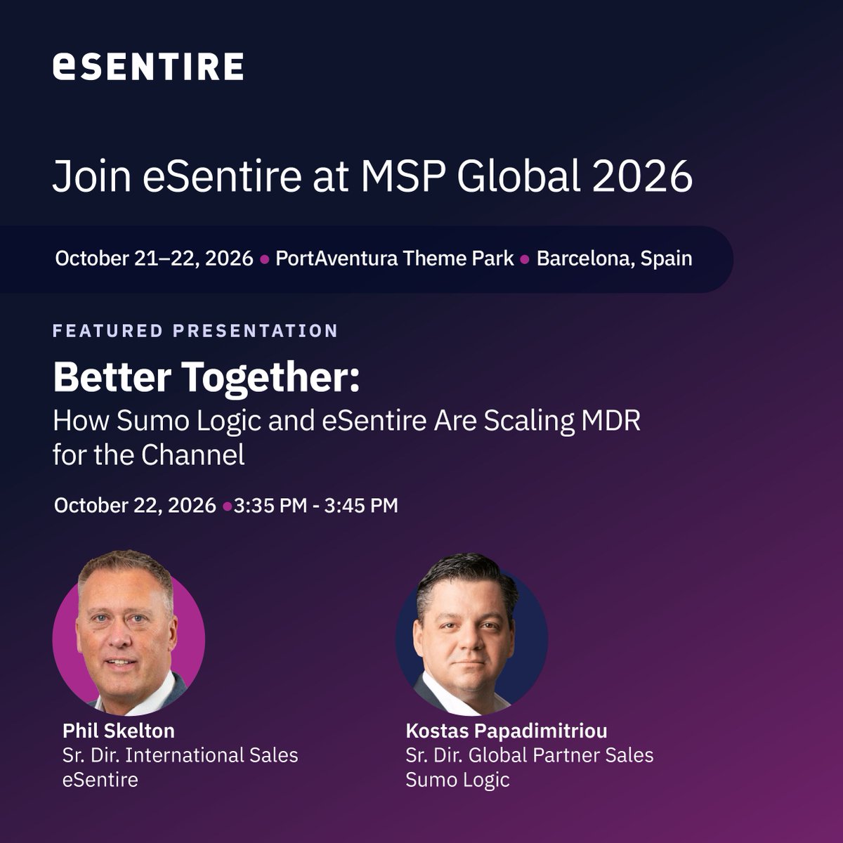 eSentire's tweet photo. MSP clients don't keep their environments in one place. Network, endpoint, cloud and hybrid all need to be visible to the same SOC.
Phil Skelton talks eSentire MDR and Sumo Logic's SIEM at #MSPGLOBAL26 on Oct 22, 3:35 PM, Alexandria 4+5.
Visit the team at Stand P10! https://t.co/Woz6pqw7vM