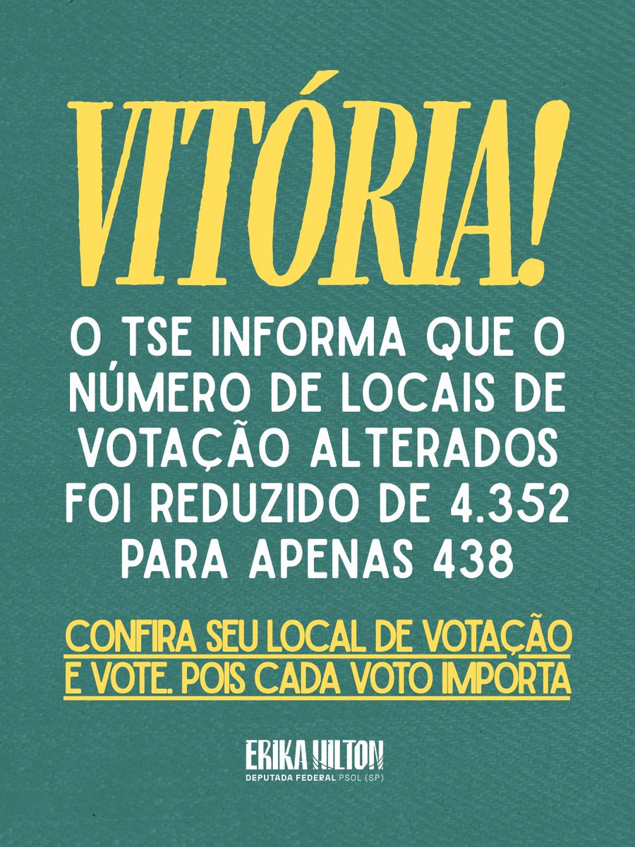 ErikakHilton's tweet photo. 🇧🇷 VITÓRIA!

Após a nossa mobilização e a cobrança que fizemos ao Tribunal Superior Eleitoral, o TSE informa que o número de locais de votação alterados caiu de 4.352 para apenas 438.

Com isso, o número de eleitores afetados cai de mais de um milhão para cerca de 130 mil.

Além disso, o Ministério Público Eleitoral pediu ao TSE o mesmo que eu: a comunicação efetiva das mudanças, com notificações nos celulares e divulgação no rádio, na TV e nas redes sociais.

Isso é uma boa notícia e precisa ser celebrada. Mas, acima de qualquer celebração, o mais importante é que você continue checando o seu local de votação até o dia da eleição e que você VOTE. O seu voto FAZ DIFERENÇA.

Se hoje nós podemos reclamar abertamente das autoridades, é porque estamos em uma democracia. E a democracia continua com o seu voto na urna. A democracia continua com o seu voto em LULA.