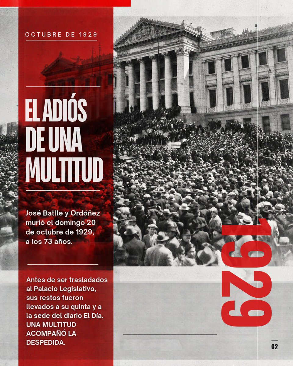 PartidoColorado's tweet photo. 🚩BATLLE VIVE🚩

El 20 de octubre de 1929, Uruguay despedía a José Batlle y Ordóñez. Una multitud salió a las calles para acompañarlo en su último recorrido, en una de las despedidas más multitudinarias de nuestra historia.

Pero aquel día no terminó su legado.

Sus ideas, sus reformas y su visión de país trascendieron generaciones y siguen presentes en los valores que defendemos: la libertad, la justicia social, la democracia y el progreso.

Hoy, a 97 años de su fallecimiento, el Partido Colorado honra su memoria, celebra su inmensa obra y se compromete con los ideales que transformaron al Uruguay.

Hay hombres que dejan una huella en la historia. Y otros que siguen escribiéndola mucho después de partir.

¡VIVA BATLLE!