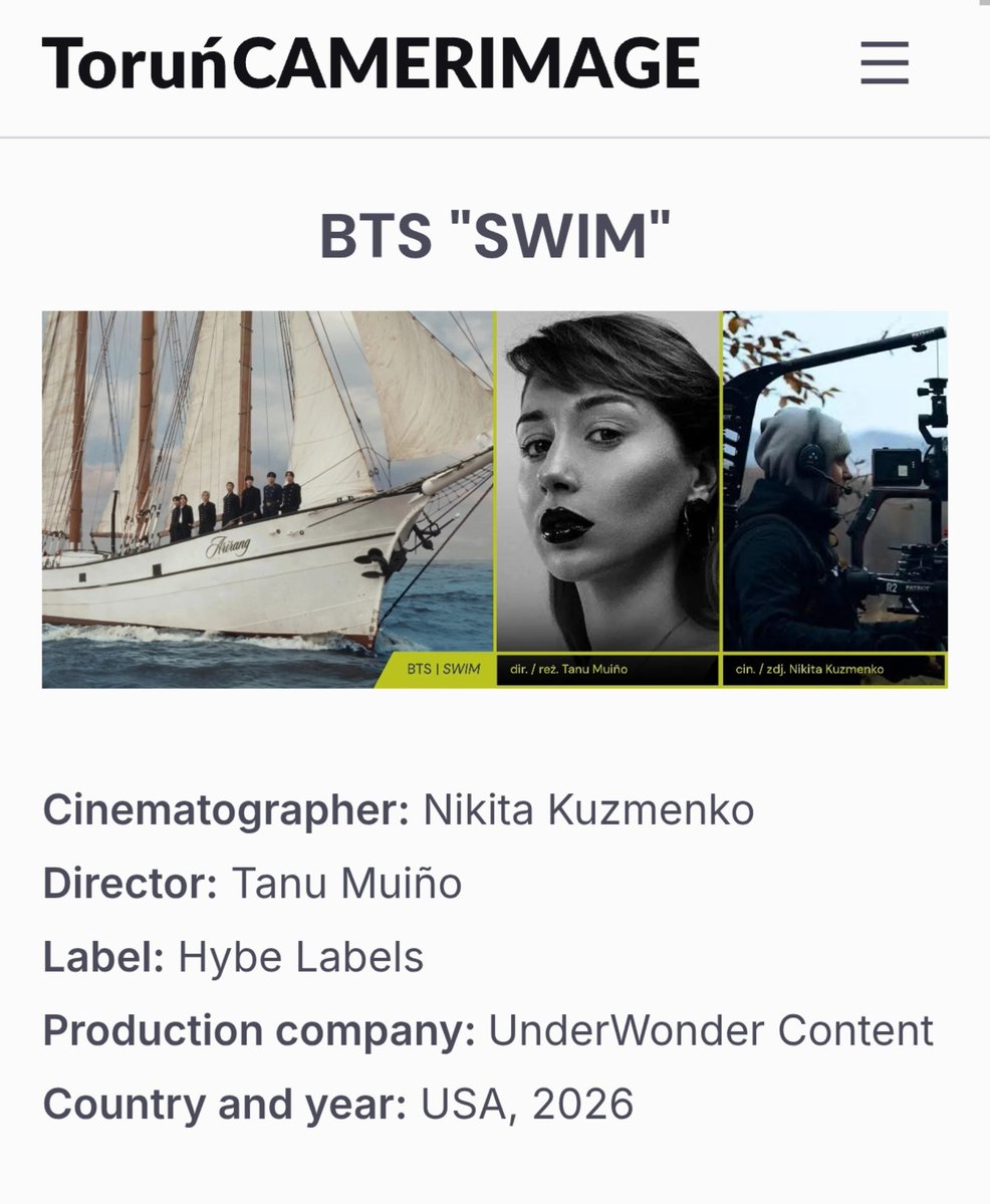 bts_peru1's tweet photo. @BTS_twt se ha convertido en el primer primer grupo de K-pop y grupo asiático en ser nominado en el Festival Internacional de Cine EnergaCAMERIMAGE 🎊

El video musical de su sencillo "SWIM", perteneciente al álbum ARIRANG, competirá por el máximo galardón del festival, la Rana de Oro (Golden Frog), dentro de la categoría de Mejor Video Musical en la 34.ª edición del evento que se celebrará en Toruń, Polonia.

La producción visual, dirigida por Tanu Muiño y con dirección de fotografía a cargo de Nikita Kuzmenko, superó un proceso de selección en el que se evaluaron más de 300 propuestas de todo el mundo, logrando ubicarse en la lista definitiva de 18 videos musicales finalistas✨

A diferencia de las premiaciones de la industria musical que evalúan ventas, reproducciones o votaciones del público, EnergaCAMERIMAGE es el certamen cinematográfico más prestigioso a nivel global dedicado exclusivamente a la dirección de fotografía. El jurado, compuesto por cineastas y expertos del sector, evalúa las producciones basándose únicamente en sus valores estéticos, el manejo de la iluminación, la composición visual y la destreza técnica detrás de la cámara.

La nominación al certamen cinematográfico polaco se produce en el marco de un año de alta recepción comercial y crítica para el tema. En el ámbito musical, "SWIM" obtuvo el galardón de Canción del Año en los MTV Video Music Awards 2026 y estableció una marca comercial en plataformas de streaming al ser el tema interpretado por un grupo que menos tiempo requirió para superar las 900 millones de reproducciones en Spotify.

Las proyecciones y conferencias de la 34.ª edición de EnergaCAMERIMAGE se desarrollarán del 7 al 14 de noviembre de 2026. El video musical ganador de la Rana de Oro será anunciado formalmente por el jurado internacional durante la ceremonia de clausura, programada para el sábado 14 de noviembre.

🔗https://t.co/vgvL95DvnT

CONGRATULATIONS BTS 

#BTS_SWIM #BTSPavedTheWay