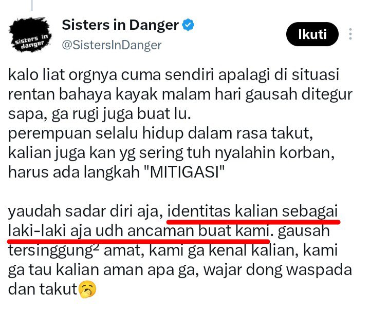 BLEBEW20's tweet photo. Gaess ini udah bukan ideologi kesetaraan lagi, tapi ajakan kebencian sepihak ke satu gender, ada unsur dendam pribadi yang dilabeli kepentingan umum.
Ini sama kayak penegak hukum yang menghukum orang gak bersalah.

Tumbangkan gaess.. https://t.co/d5u95h6swc