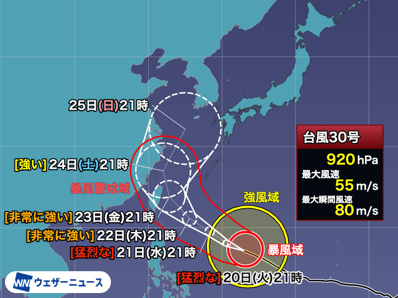 wni_jp's tweet photo. 【台風情報】
20日(火)21時現在、大型で猛烈な台風30号(チャンパー)はフィリピンの東で急速に発達しています。週後半に非常に強い勢力で沖縄に接近し、大荒れとなるため警戒が必要です。
その後は進路を変えて東シナ海を北上し、西日本方面に向かうおそれがあります。
https://t.co/wD6hMAg9YD https://t.co/8XyiEYOk9j